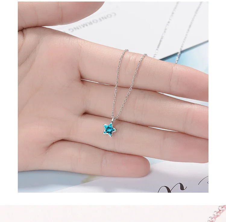 925 Sterling Silver Blue Star Crystal Pendants Necklaces For Women Luxury Quality Jewelry Gift Female  GaaBou