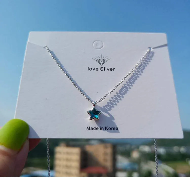 925 Sterling Silver Blue Star Crystal Pendants Necklaces For Women Luxury Quality Jewelry Gift Female  GaaBou