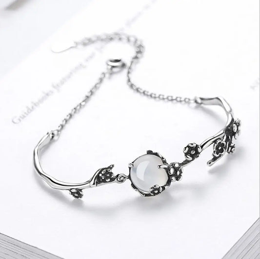 925 Sterling Silver Bracelet Vintage Fashion Thai Moonlight Stone Plum Flower Chain Linked For Women Bangle Jewelry Christmas