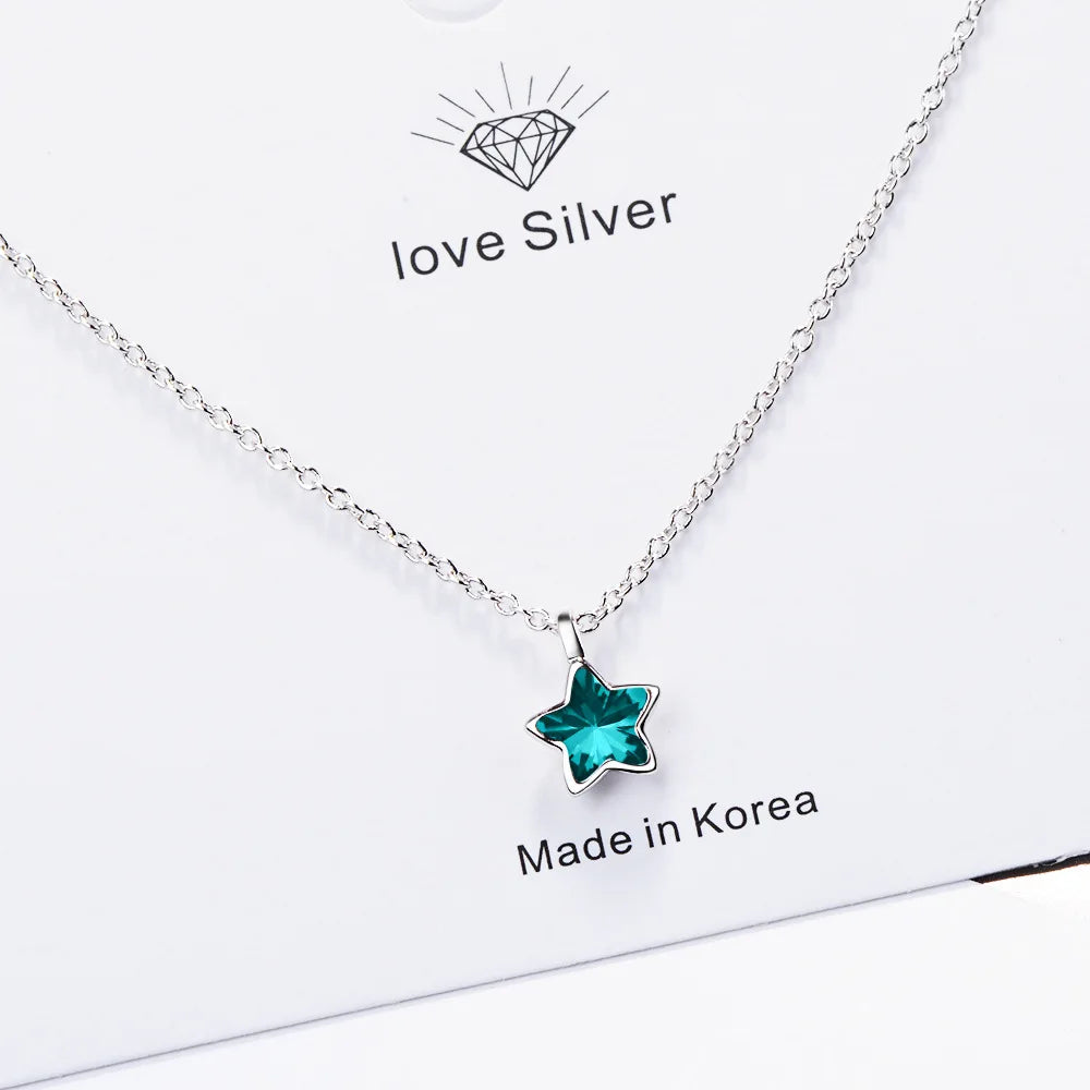 925 Sterling Silver Blue Star Crystal Pendants Necklaces For Women Luxury Quality Jewelry Gift Female  GaaBou