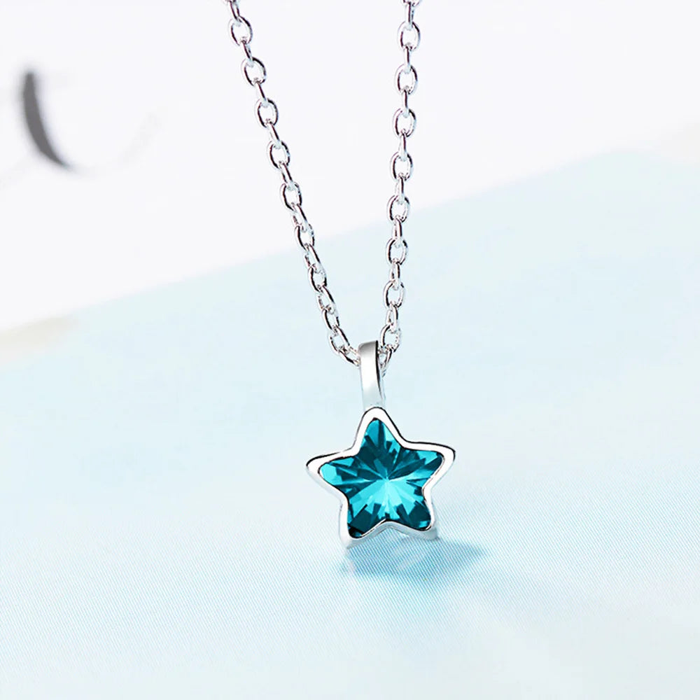 925 Sterling Silver Blue Star Crystal Pendants Necklaces For Women Luxury Quality Jewelry Gift Female  GaaBou