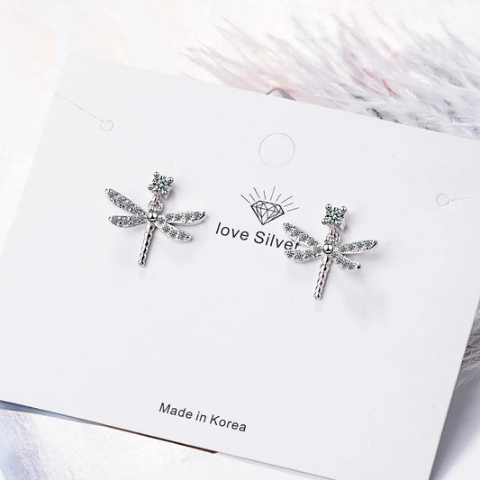 925 Sterling Silver Dragonfly Zircon Women's Stud Earrings Luxury Designer Jewelry Accessories   GaaBou